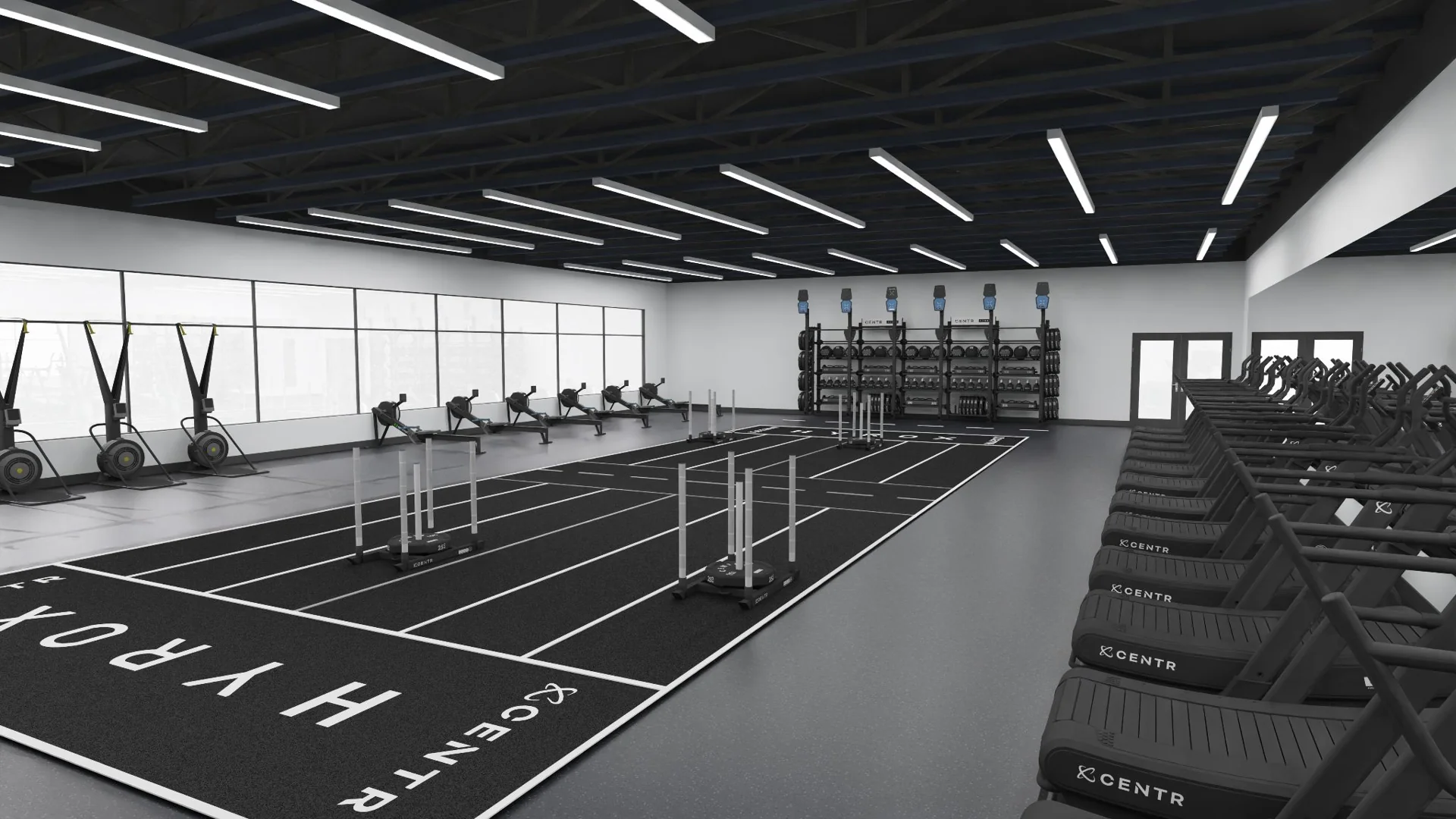 HTCx concept training room with sled lanes, rowing machines and treadmills