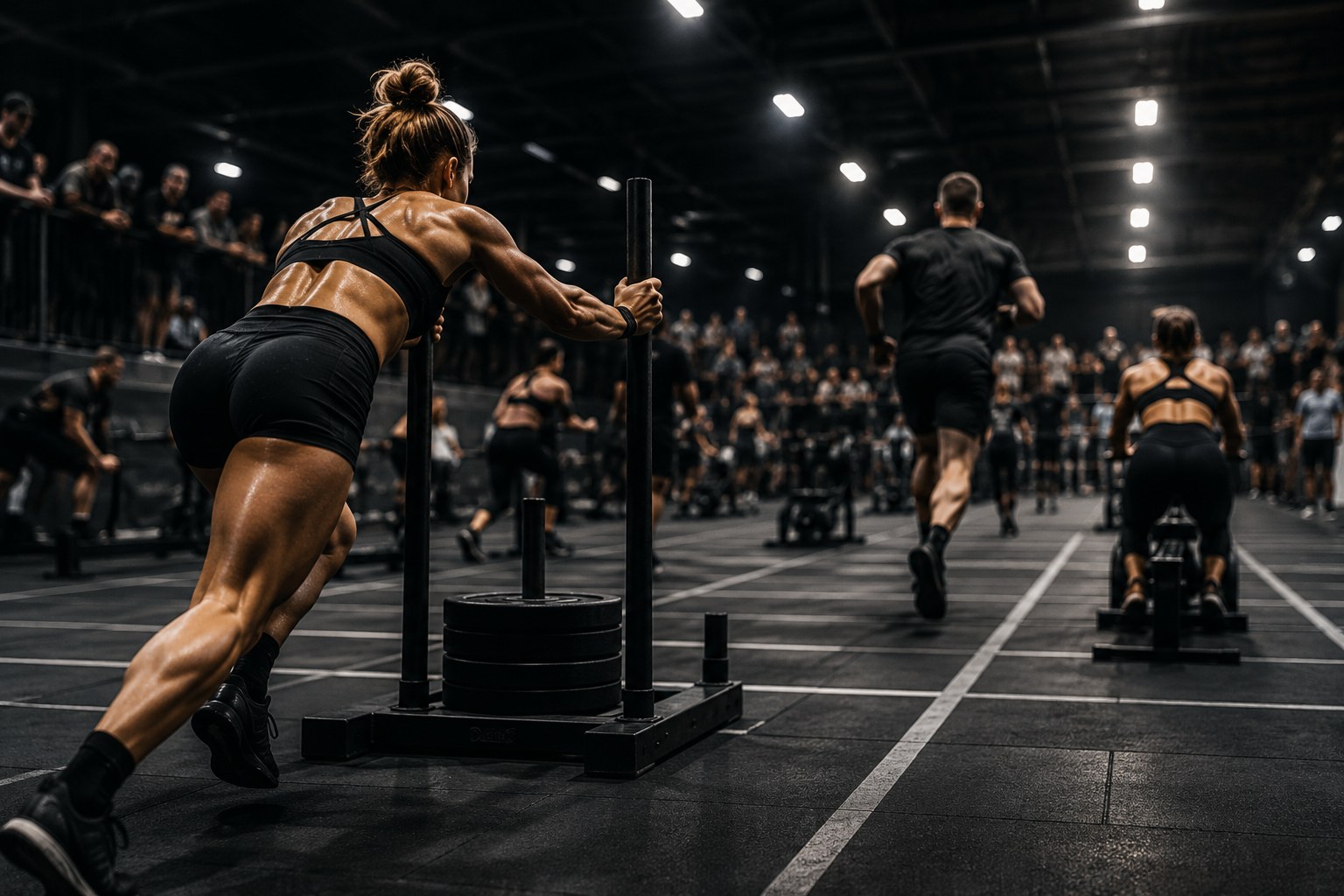 Hybrid race athletes pushing sleds in a competition-style gym event