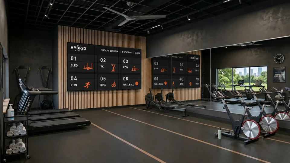 Hybrid Wall gym installation concept with station screens across the training floor