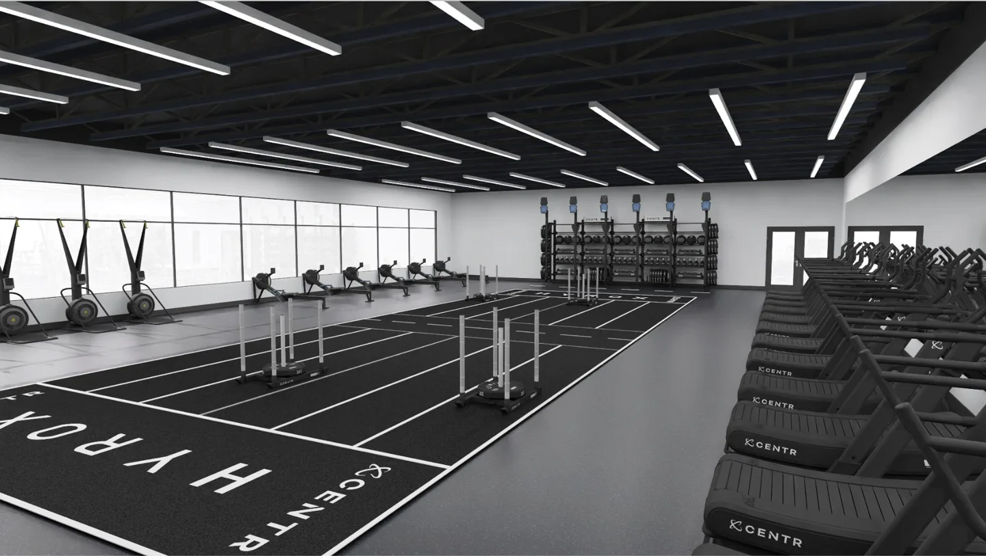 3D render of The Cave Gym Toowoomba HYROX Training Zone floor layout