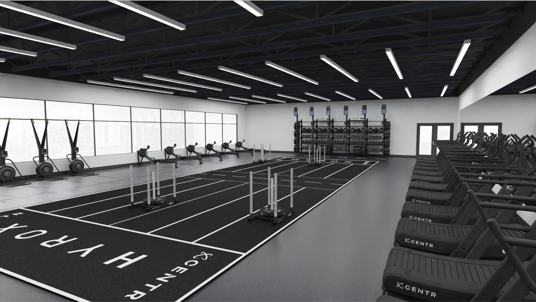 3D render of The Cave Gym Toowoomba HYROX Training Zone floor layout