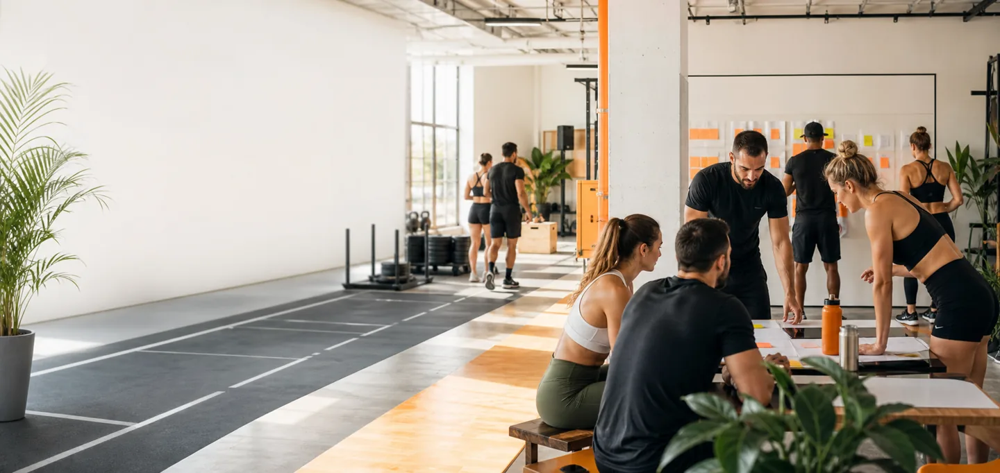 Community training and strategy session inside a modern fitness facility